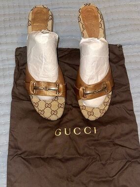 Gucci Vintage Brown GG Canvas Leather Horsebit Heels